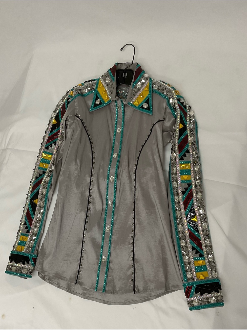 Embellished Gray Show Jacket with Teal Trim
